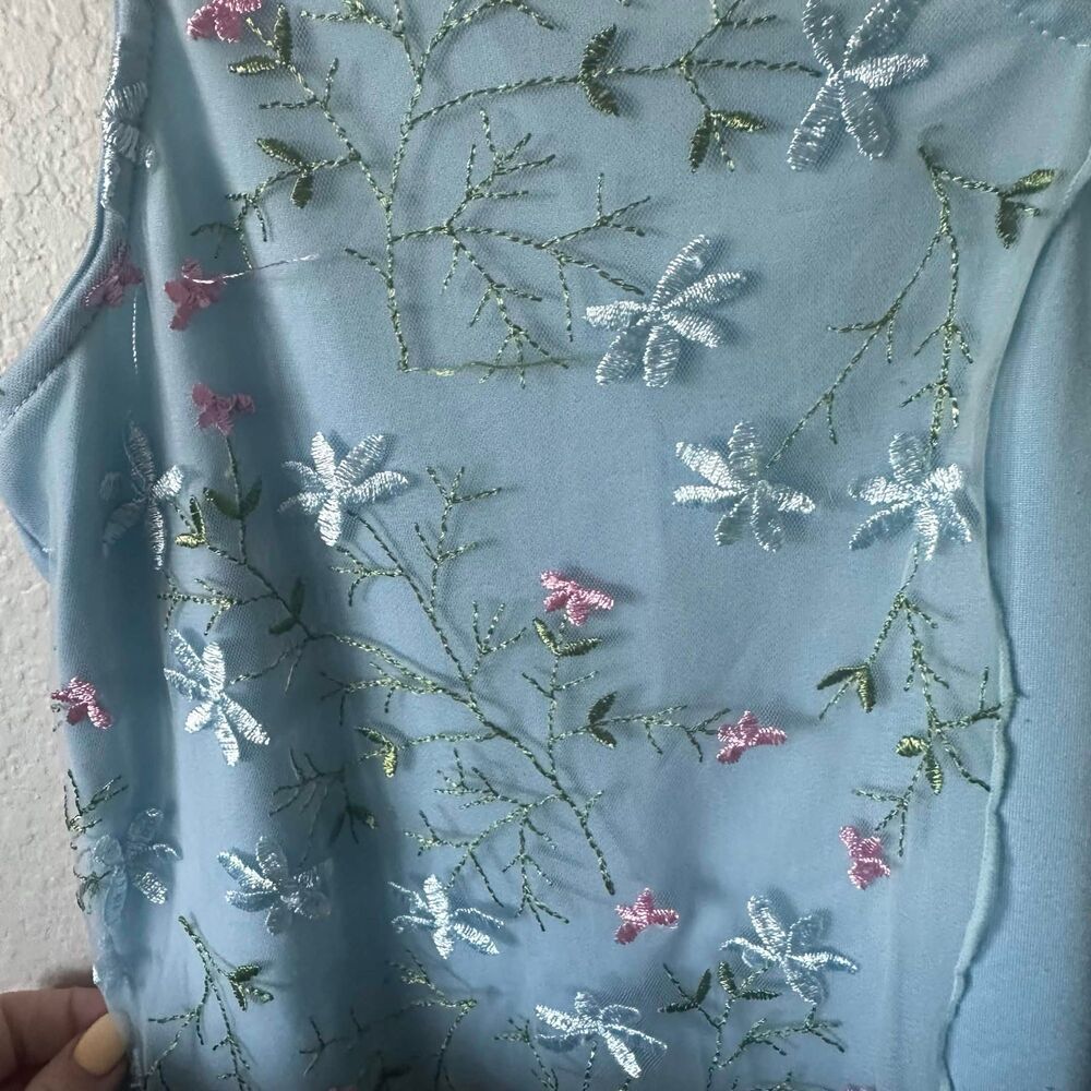 Mesh+Lace Blue Floral Embroidered Mesh Overlay Tank Top-Size M-Fairycore Cottage - Picture 3 of 8